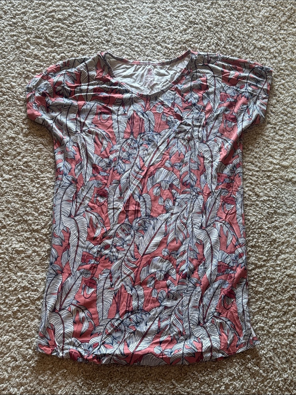 Cariloha Women’s Coral Leaf-Print V-Neck Tee Sleep Dress